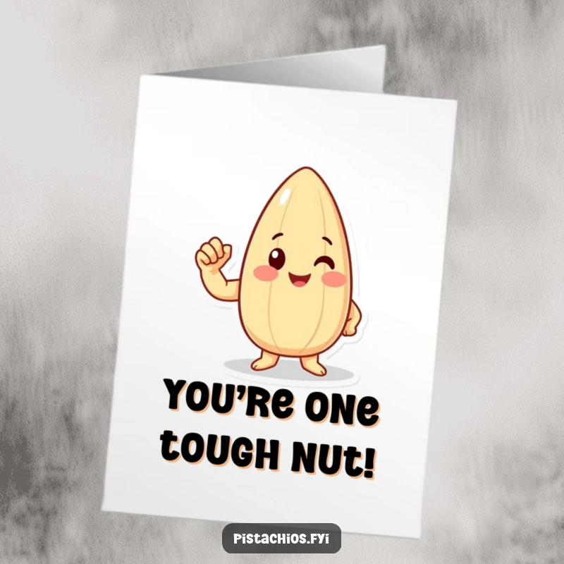 Funny Free Printable Congratulations Card: Happy almond character flexing bicep, celebrating success, print at home.