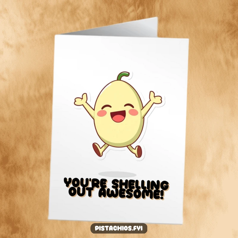 Funny free printable congratulations card showing a happy pistachio character mid-air, celebrating a big win with excitement.