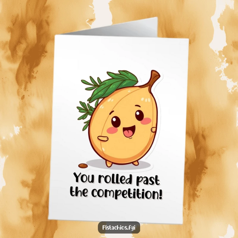 Funny Free Printable Congratulations Card: A mischievous pine nut character playfully trying to roll away, celebrating with glee.