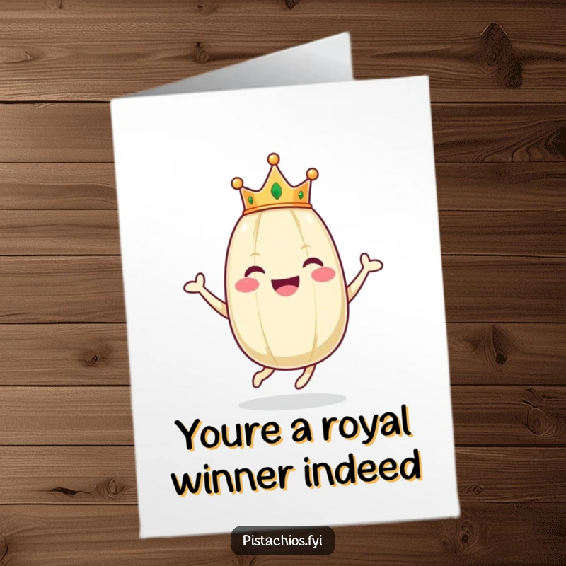 Funny Free Printable congratulations card: A happy pistachio wearing a tiny crown hops with joy, celebrating a fantastic achievement.