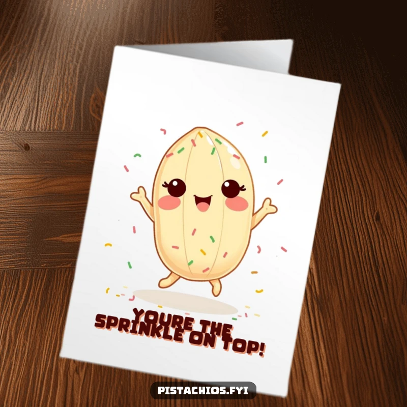 Funny Free Printable Congratulations Card: A delighted pistachio character dances whimsically with tiny, colorful sprinkles.