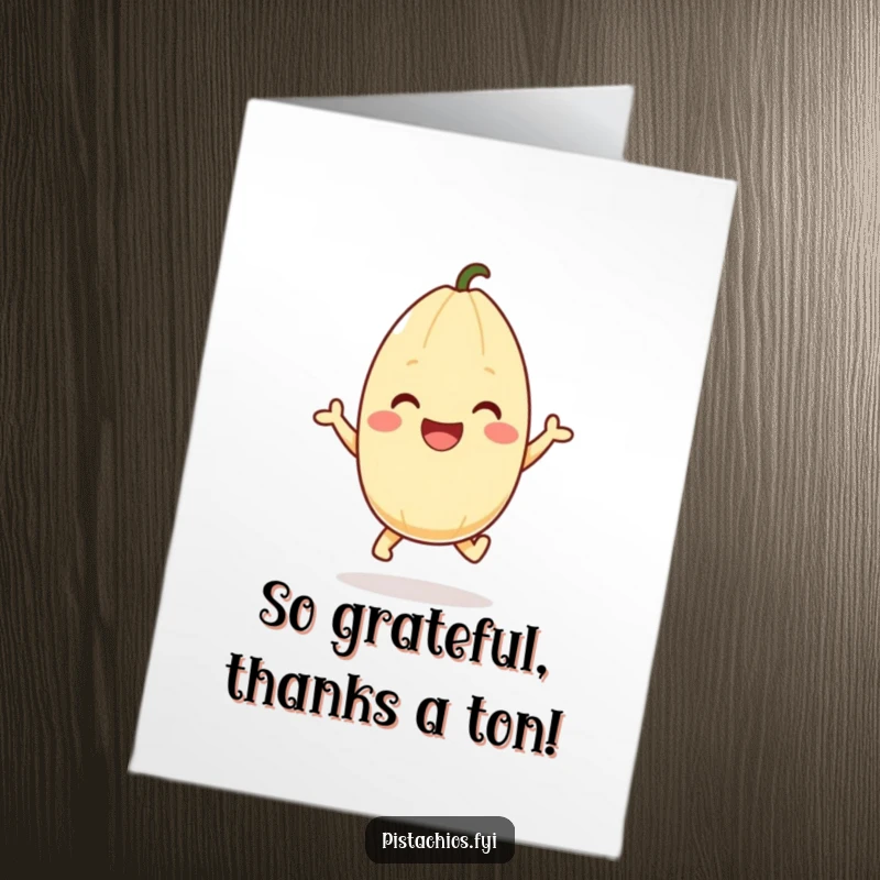 Funny Free Printable Pistachio Thank You Card with a happy hopping pistachio, conveying thanks in a fun way.