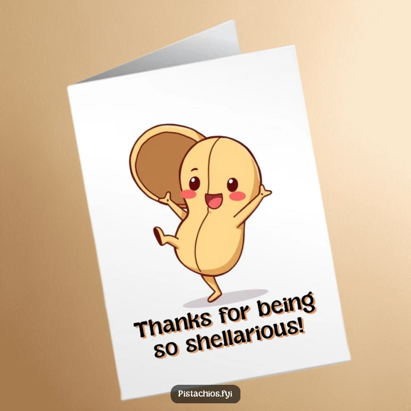 Funny Free Printable Thank You Card: A playful peanut character doing a cartwheel with its shell open, showing thanks with flair.