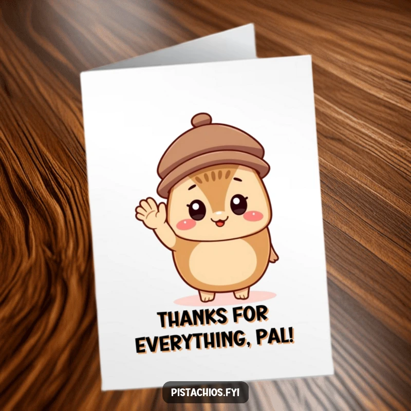 Funny Free Printable Thank You Card: A cheerful hazelnut character wearing a tiny hat and waving a friendly thank you.