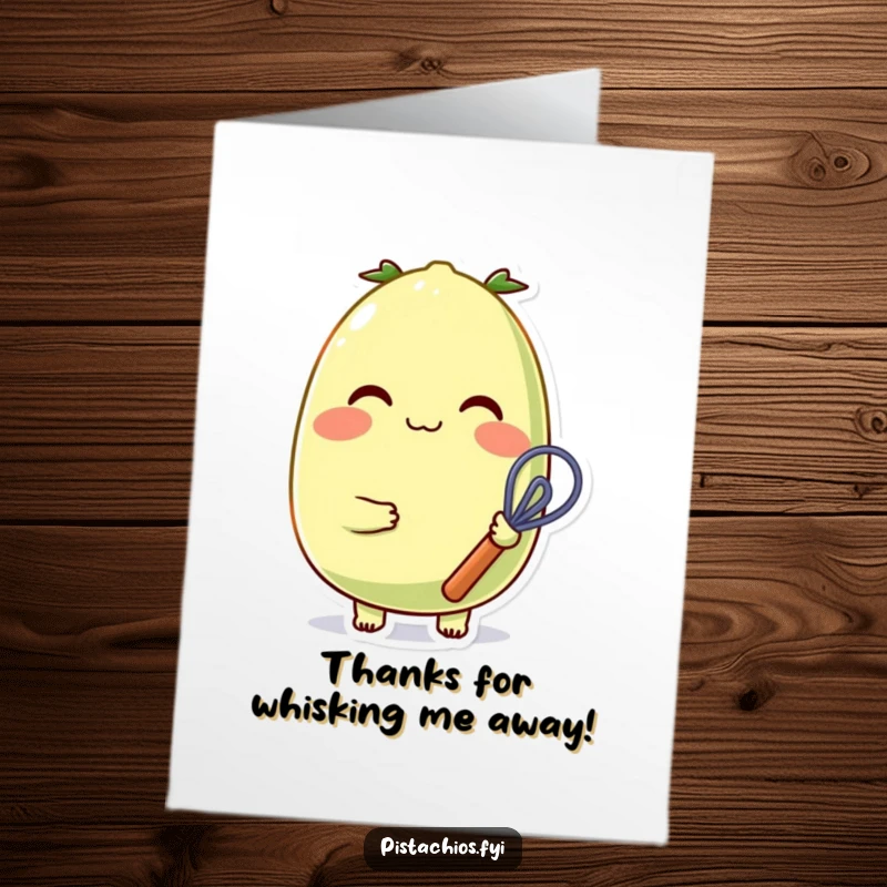 Funny Free Printable Thank You Card: A rosy-cheeked, cheerful pistachio happily holds a small whisk, conveying heartfelt gratitude.