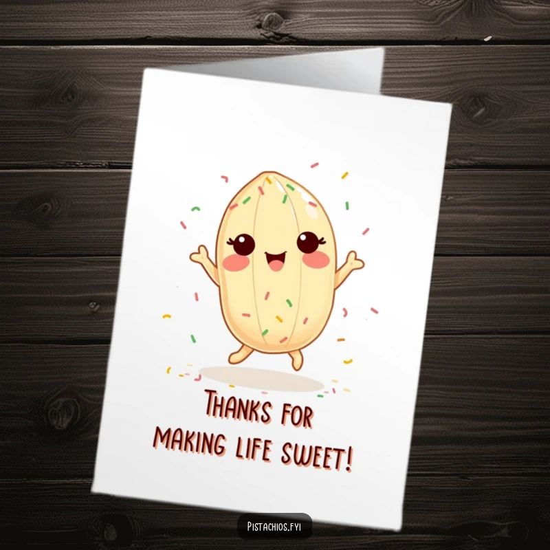 Funny Free Printable Thank You Card: A delighted pistachio character dances amidst tiny, colorful sprinkles, a sweet thank you.