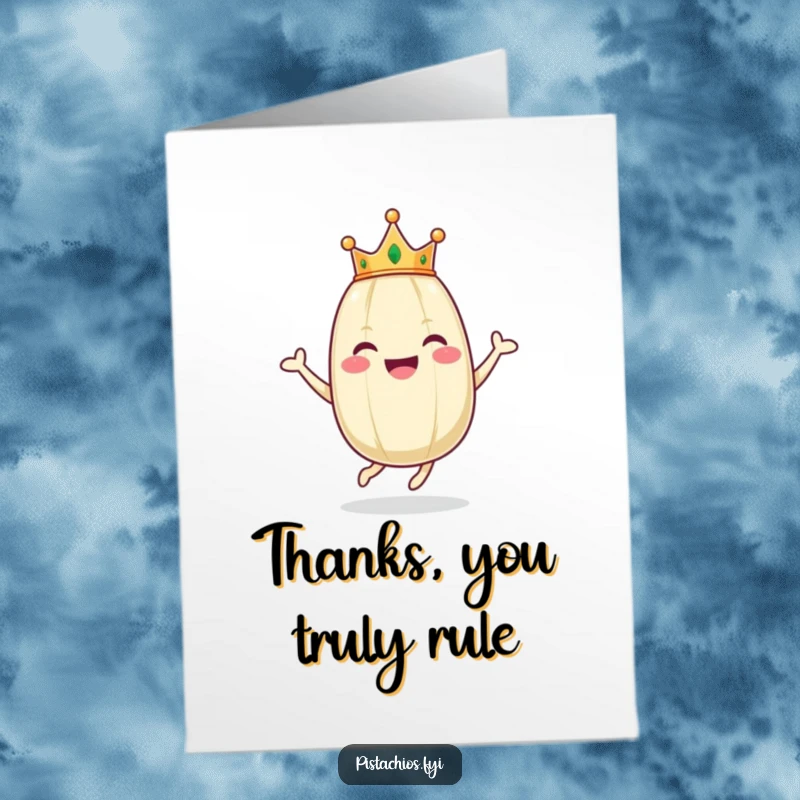 Funny Free Printable thank you card: A happy pistachio wearing a tiny crown hops with joy, expressing delighted thanks.