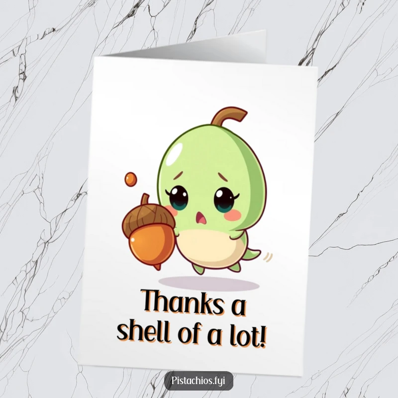 Funny Free Printable Thank You Card: A surprised pistachio character narrowly dodges a falling acorn, a comical way to say thanks.
