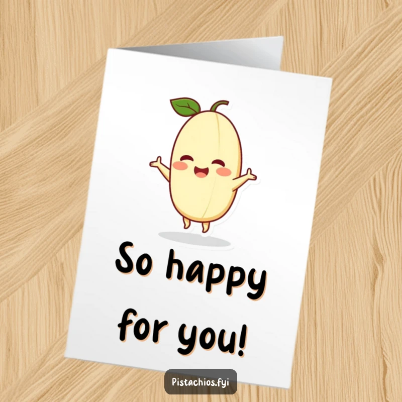 Funny Free Printable Thank You Card: A delighted pistachio character busting out a happy dance, conveying thanks with energetic, cheerful motion.