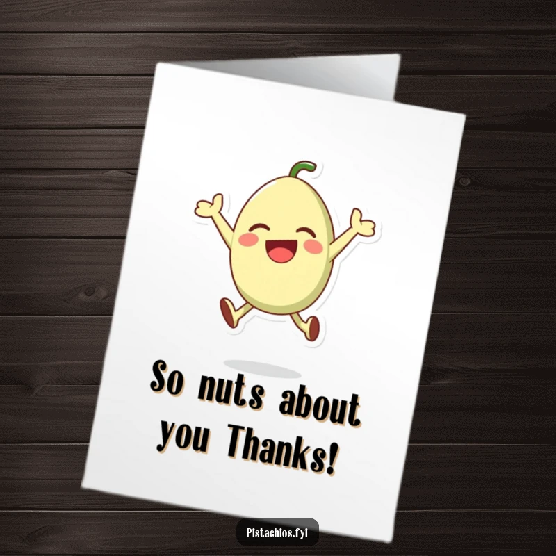 Funny free printable thank you card of a happy pistachio character performing an energetic leap as a gesture of gratitude.