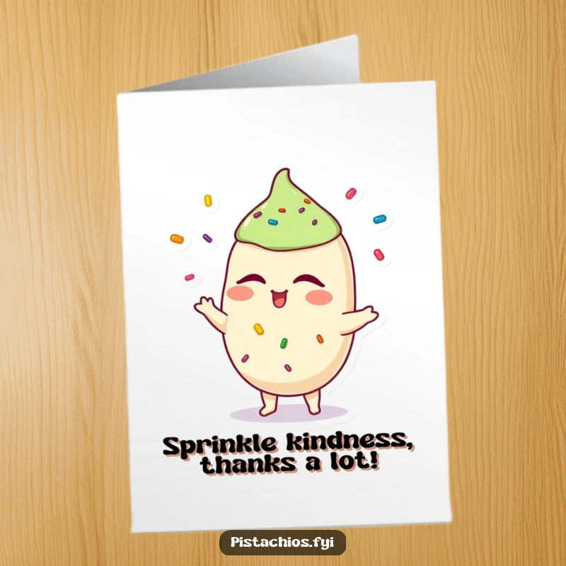 Funny Free Printable Pistachio Thank You Card with a winking pistachio juggling sprinkles, conveying thanks playfully.