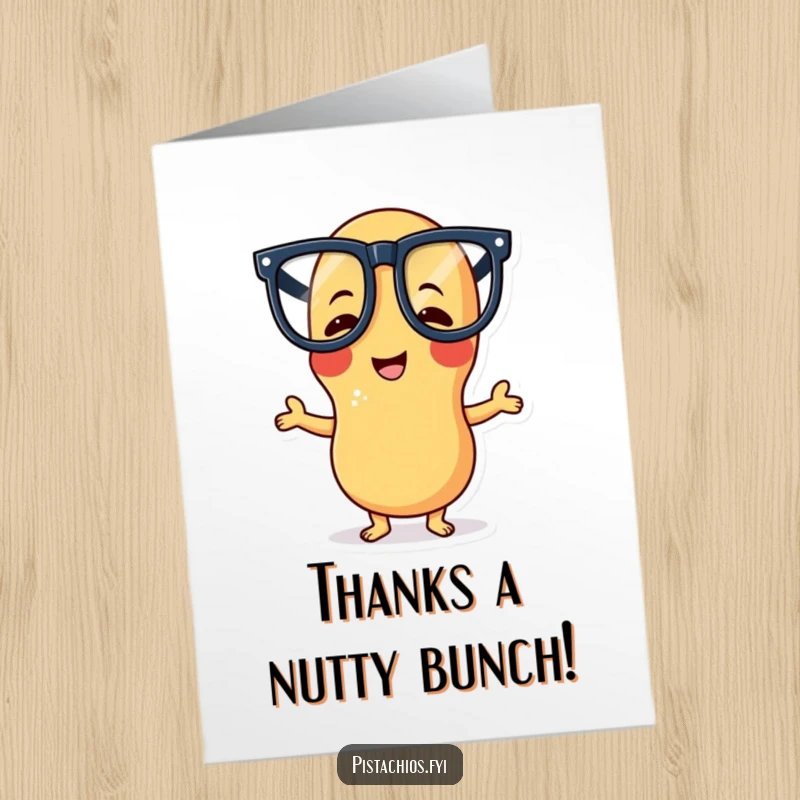 Funny Free Printable Thank You Card: Giggling Peanut character in oversized glasses striking a silly pose to show thanks.