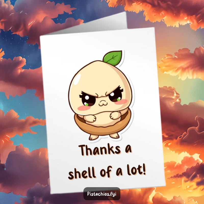 Funny Free Printable Thank You Card: Playful macadamia nut character acting tough in a shell. A downloadable thank you with attitude.