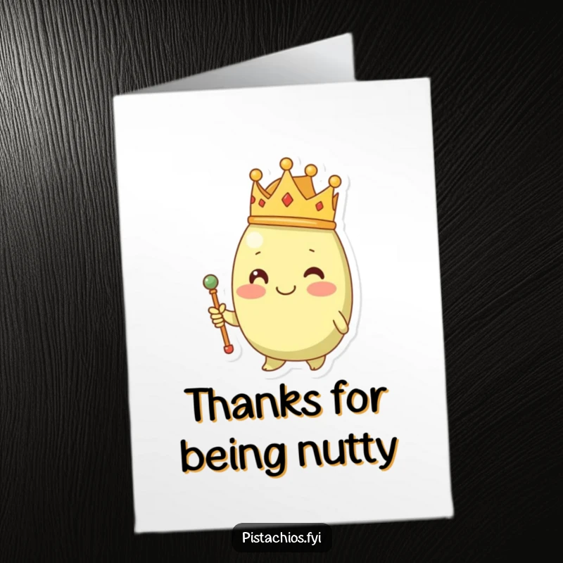 Funny Free Printable Thank You Card: A smiling pistachio wearing a tiny crown offers thanks with a miniature scepter.