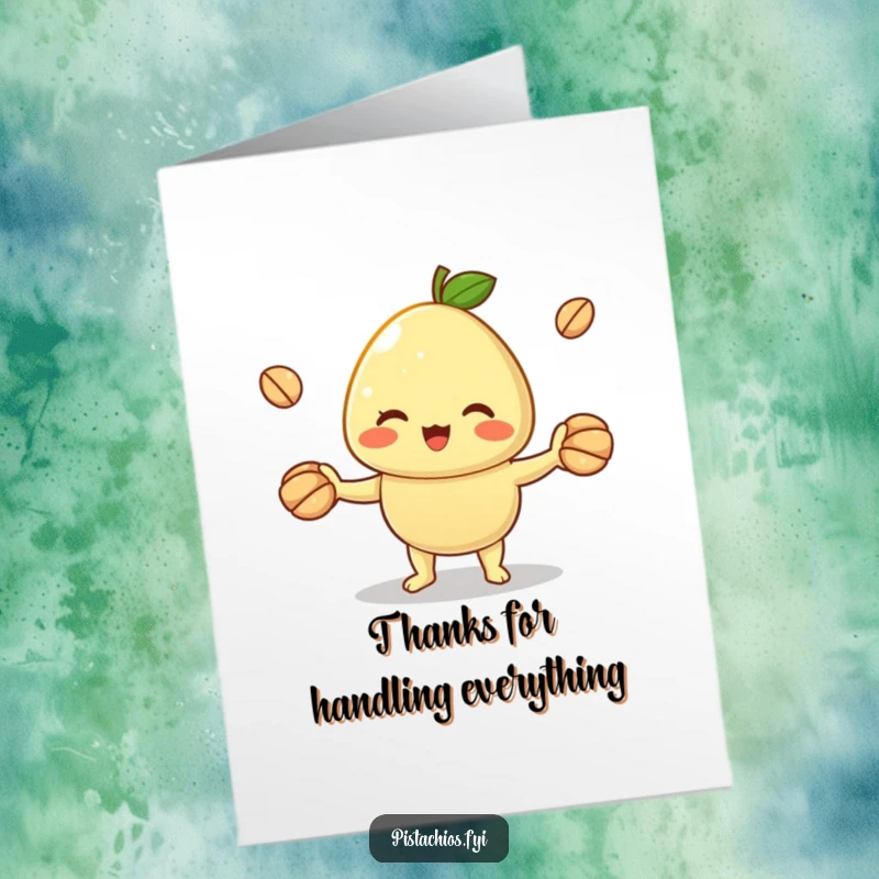 Funny Free Printable Thank You Card: A pistachio masterfully juggling shells, a quirky way to say thanks.