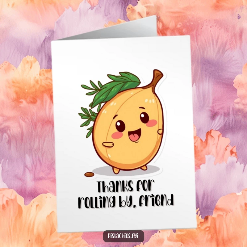 Funny Free Printable Thank You Card: A mischievous pine nut character playfully trying to roll away, conveying thanks with energy.