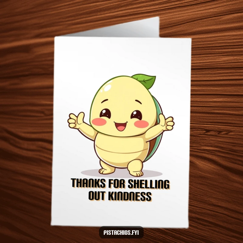 Funny Free Printable Thank You Card showing a smiling pistachio character triumphantly posing with its shell open, a unique thank you.