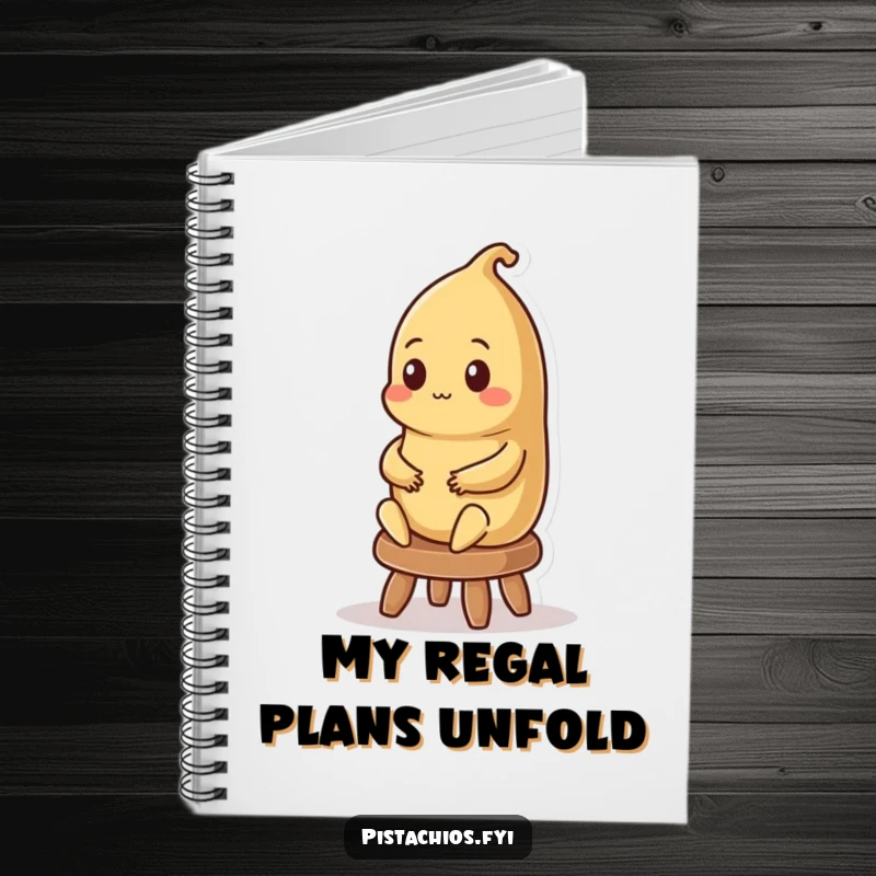 Funny notebook cover with a regal Brazil nut character sitting on a stool, inspiring grand plans and thoughts.