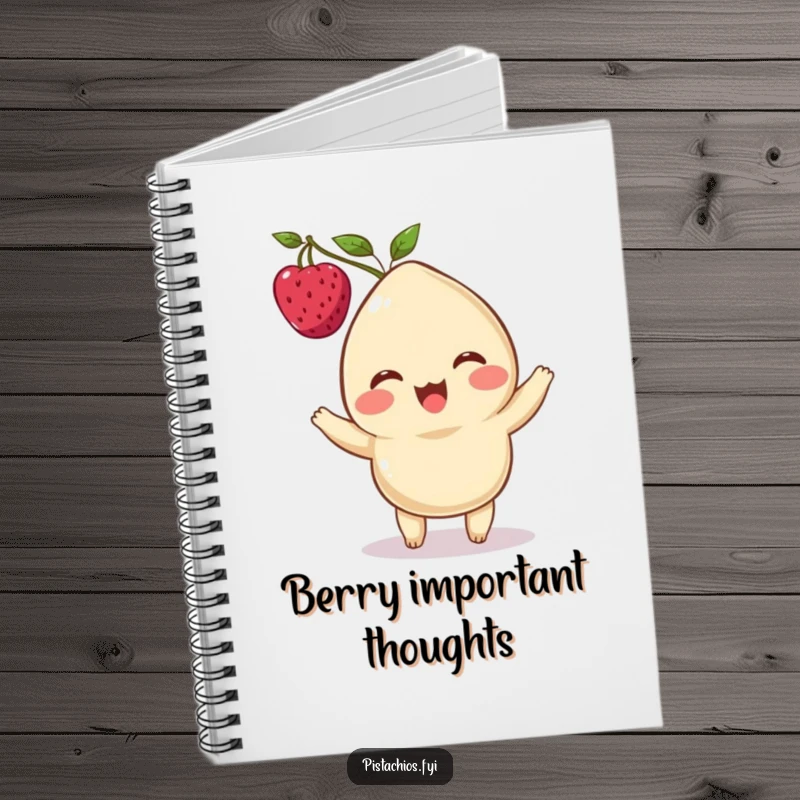 Funny notebook featuring a delighted cashew character balancing a berry on its head, perfect for jotting down sweet thoughts.