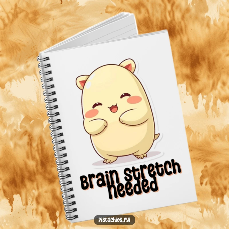 Funny notebook with a chubby pistachio character in a silly stretch, ideal for jotting down notes with a playful spirit.