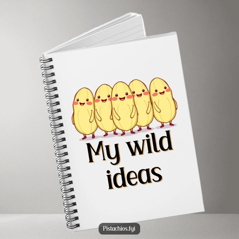 Funny conga line of smiling pistachios, one out of sync, on a notebook.