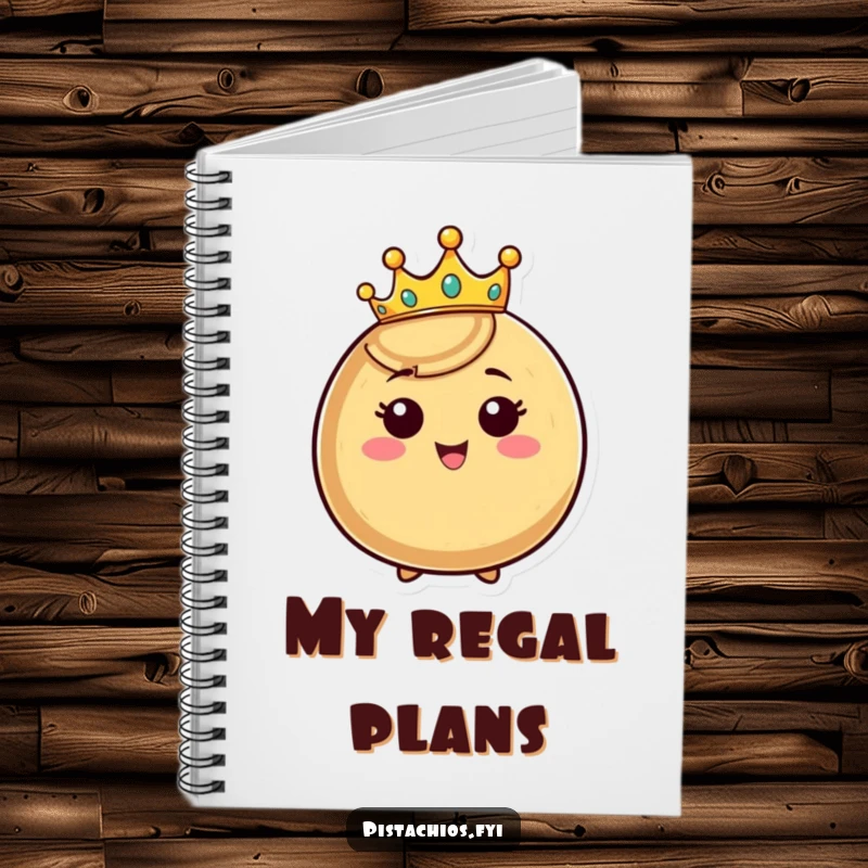 Funny crowned nut notebook, happy nut character wearing a tiny crown and beaming, humorous and practical for jotting down thoughts.