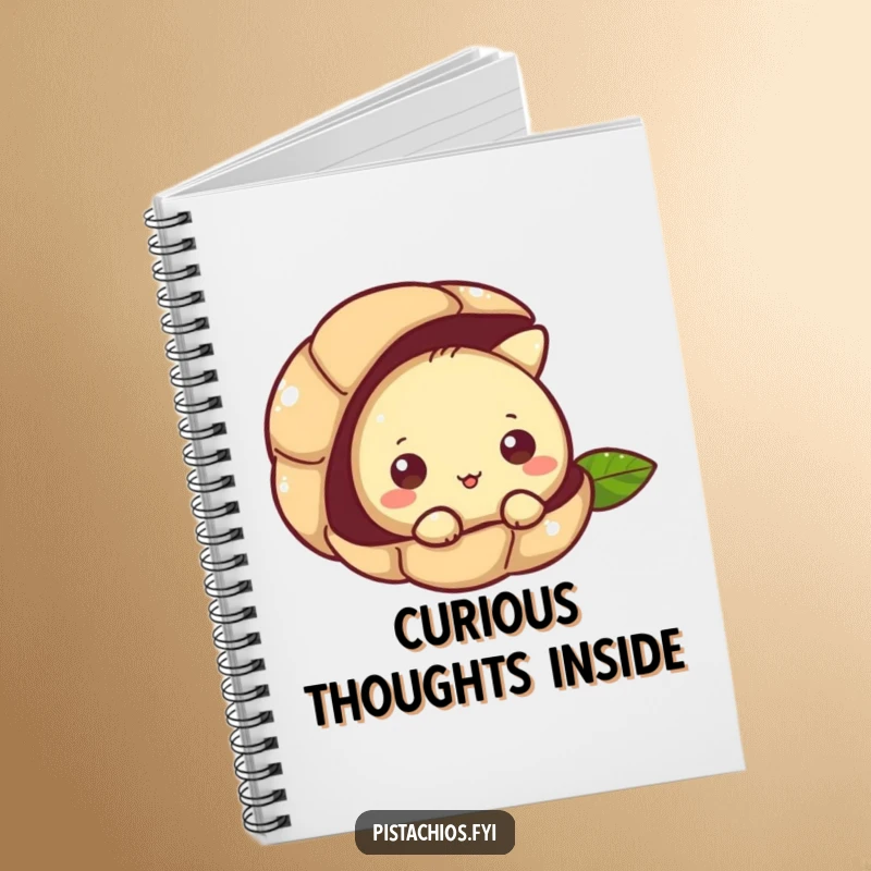 Funny notebook with a pistachio character curiously peeking from its shell, perfect for jotting down nutty insights.