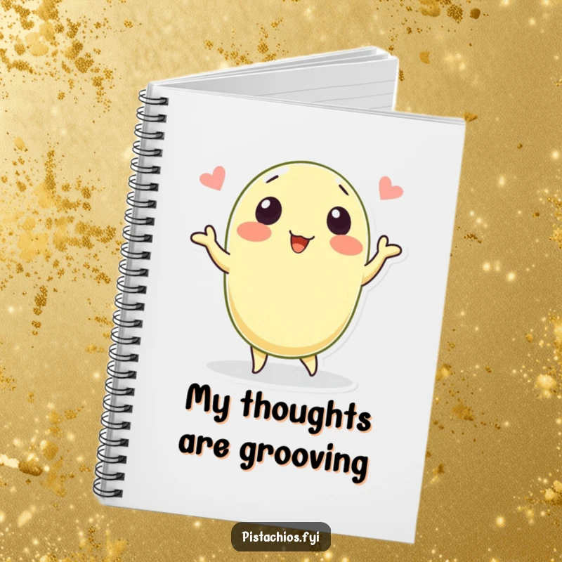 Funny notebook with a joyful pistachio character dancing across the cover. This inspiring and humorous journal is perfect for capturing creative thoughts.