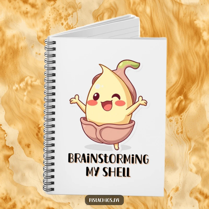 Funny jubilant pistachio nut character bursting from its shell in a notebook, perfect for jotting down ideas with nutty humor.