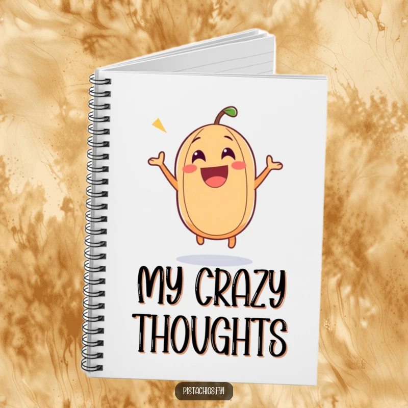 Funny nut notebook with an excited nut character bouncing with joy, ideal for creative writing and note-taking.