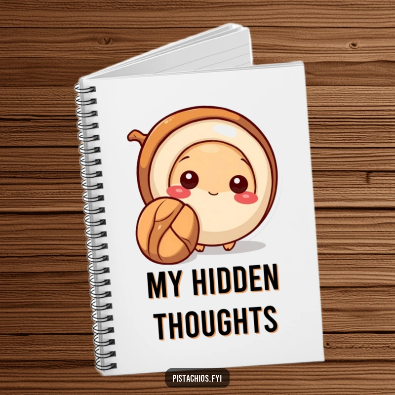 Funny Pecan Notebook featuring a shy pecan peeking out from behind a larger nut, perfect for writing with a humorous and understated touch.