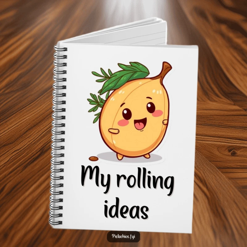 Funny notebook cover with a mischievous pine nut character rolling away, inspiring playful thoughts and creative ideas.