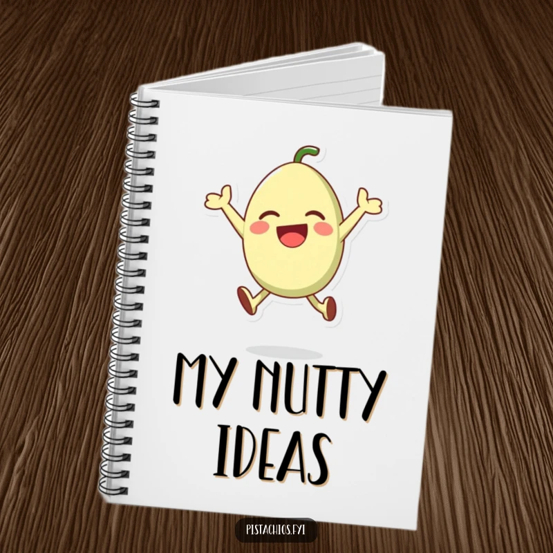 Funny notebook illustrating a happy pistachio character jumping with excitement, ideal for note-taking and journaling.