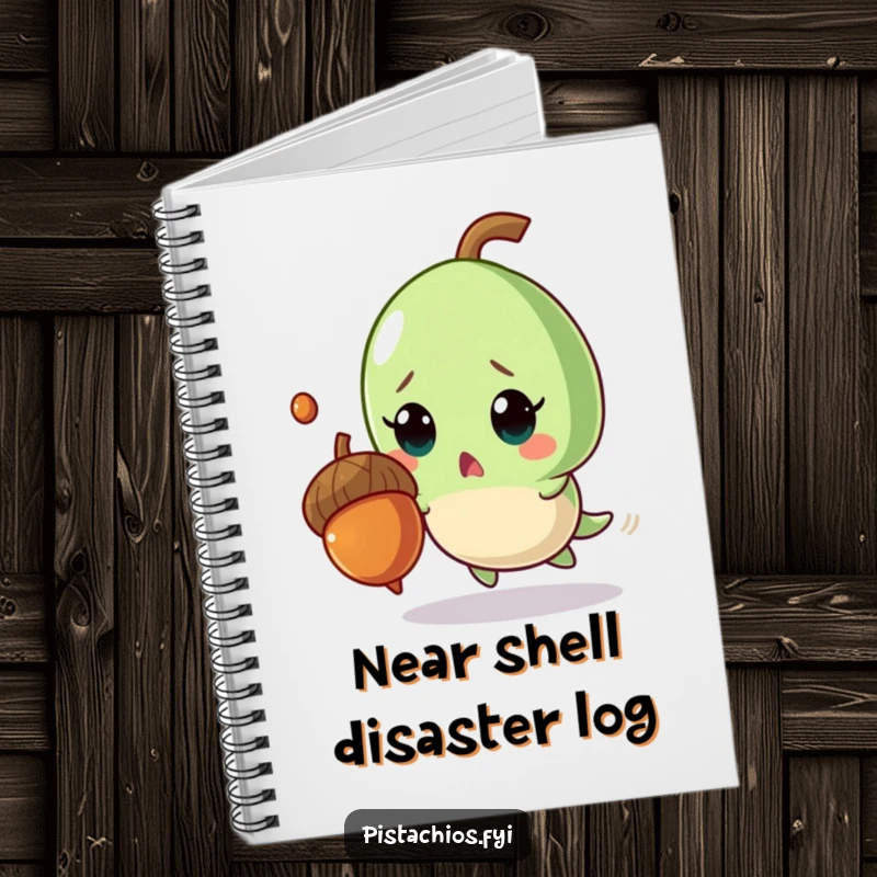 Funny notebook cover showing a surprised pistachio character comically dodging a falling acorn, inspiring witty entries.