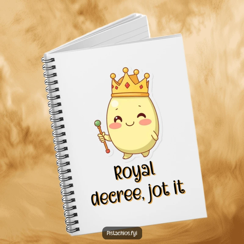 Funny pistachio wearing a crown and scepter, ideal for notes and royal decrees, a cute notebook cover.