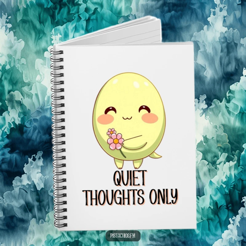 Funny notebook featuring a shy, blushing pistachio character holding a tiny flower, ideal for note-taking with a touch of bashful humor.