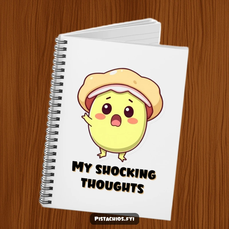 Funny notebook cover depicts a surprised pistachio character bursting open with pure delight and a happy expression.
