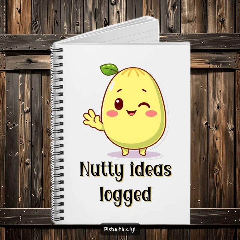 Funny Notebook with a cheerful pistachio character waving hello on the cover. A charming funny gift for journaling and note-taking.