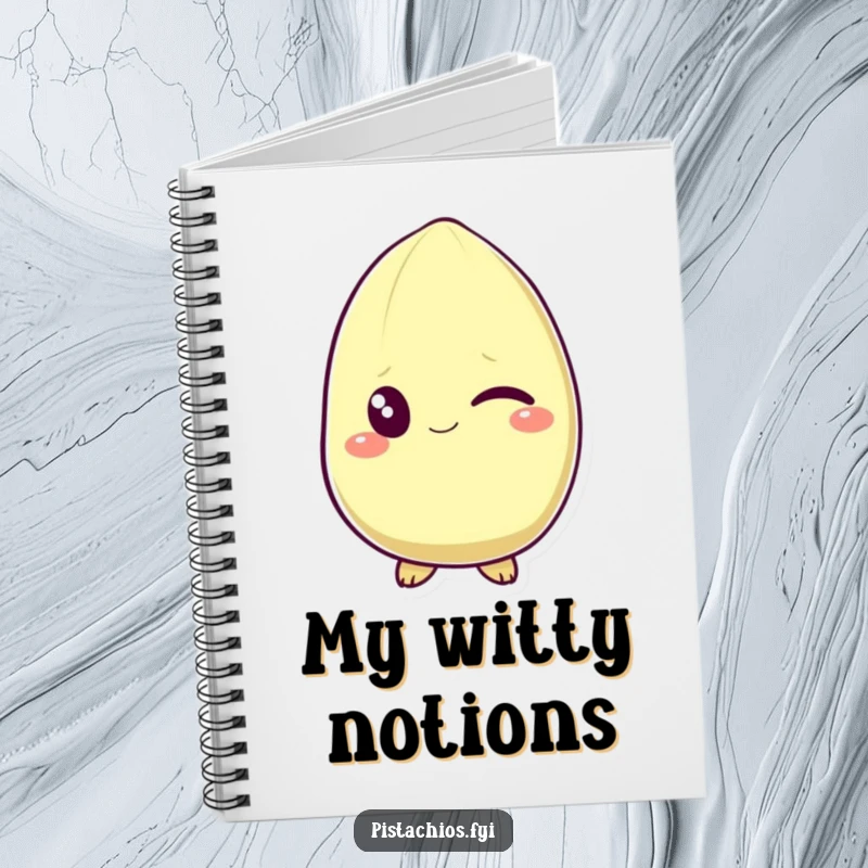 Funny notebook with a pistachio character winking with a grin. This humorous journal is perfect for capturing creative ideas with a cheeky flair.