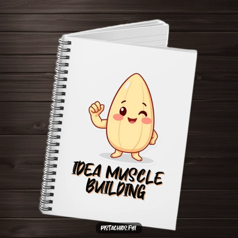 Funny happy almond character flexing a tiny bicep in a notebook, perfect for jotting down goals with strong humor.