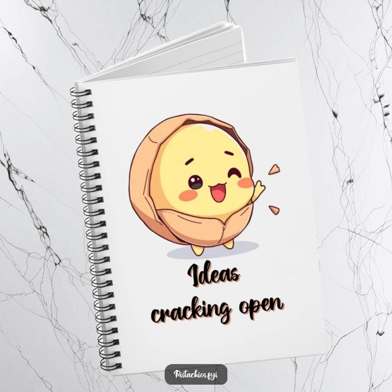 Funny notebook with a pistachio character cracking open in surprise and joy. This humorous journal is perfect for capturing creative ideas and delightful thoughts.