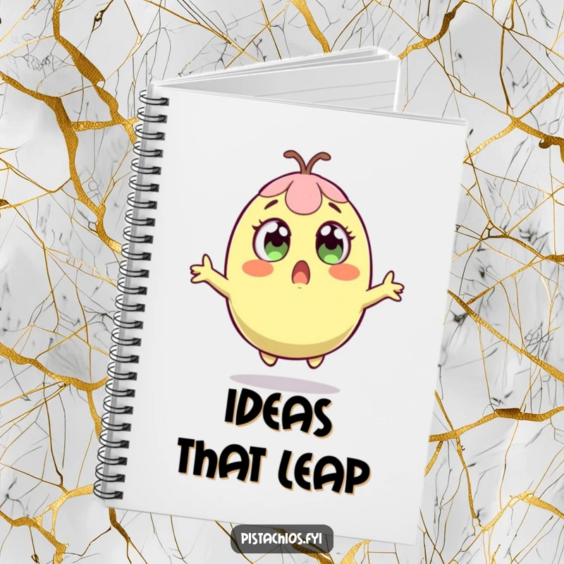 Funny notebook featuring a pistachio leaping in surprise, ideal for writing, drawing, or journaling with a humorous twist.
