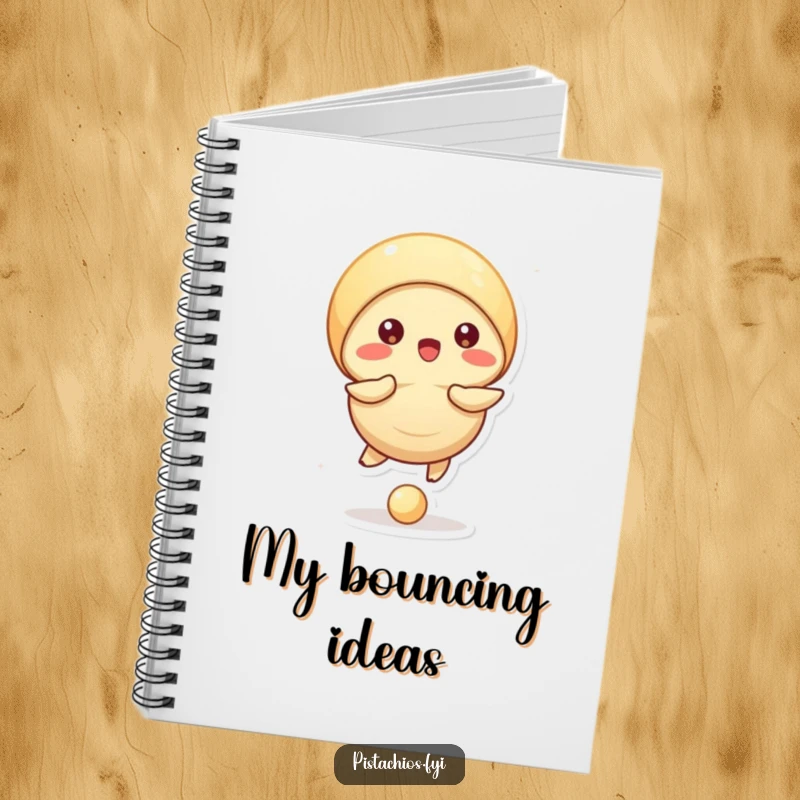 Funny notebook cover showing a pistachio character bouncing a small ball with its shell, inspiring focused entries.