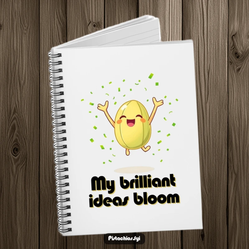 Funny notebook cover with a cheerful pistachio nut leaping with joy surrounded by green confetti, offering a humorous and celebratory design.