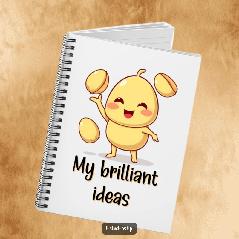 Funny notebook cover depicts a smiling pistachio character skillfully juggling two other pistachios with a cheerful demeanor.