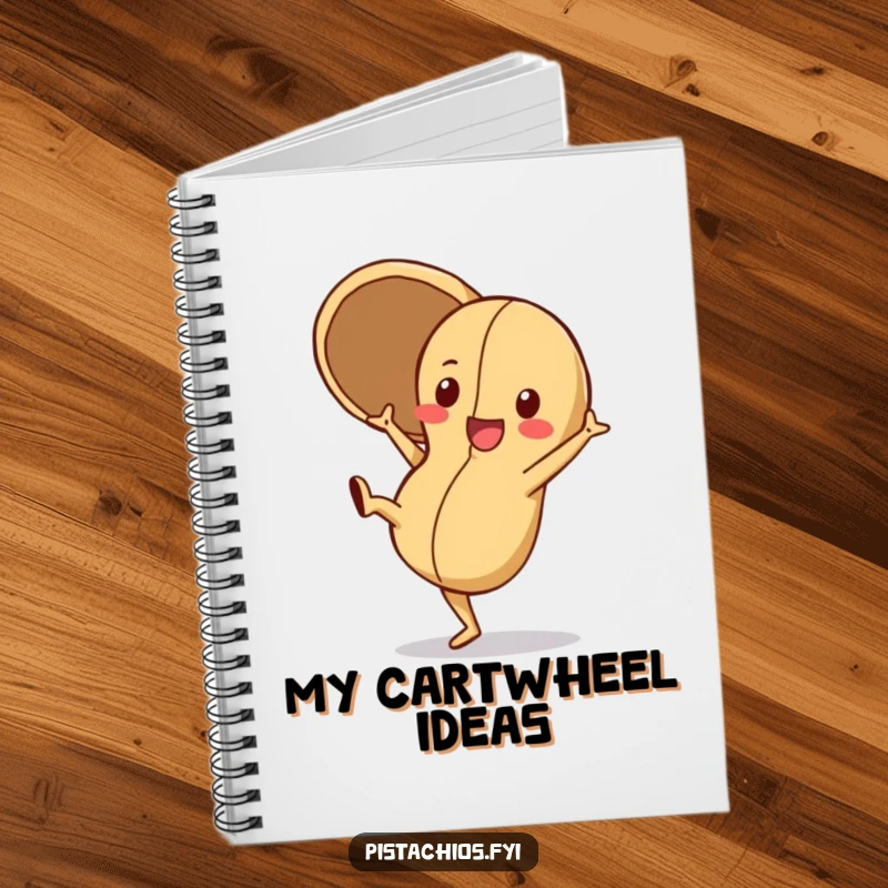 Funny Notebook featuring a playful peanut character doing a cartwheel with its shell open, perfect for jotting down fun thoughts and active plans.