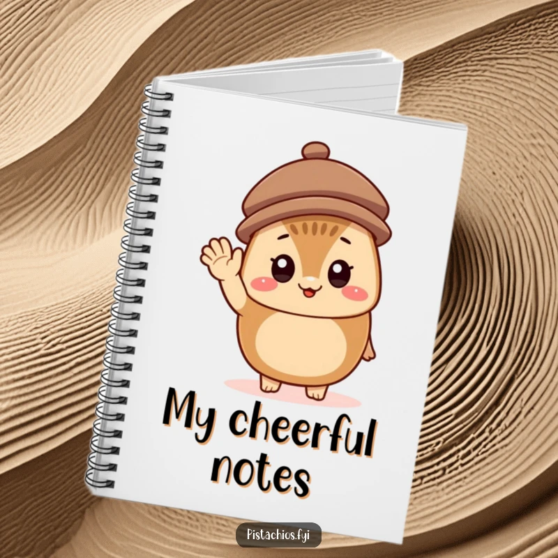 Funny Notebook featuring a cheerful hazelnut character wearing a tiny hat and waving, perfect for jotting down happy thoughts and plans.