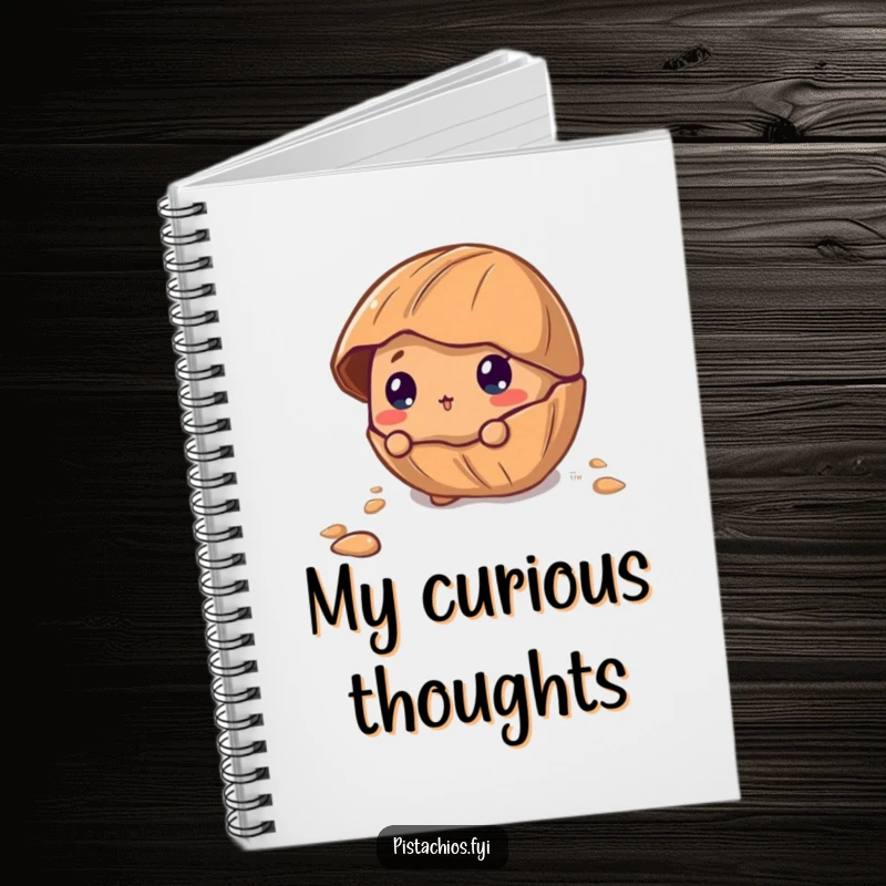 Funny Notebook featuring a curious pecan character peeking out from its cracked shell, inspiring exploration and creative note-taking.