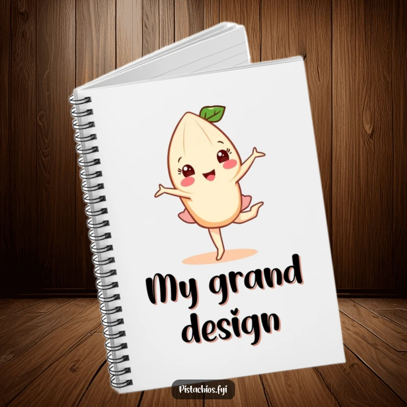 Funny notebook featuring a happy almond character executing a graceful pirouette, perfect for jotting down elegant thoughts and nutty ideas.