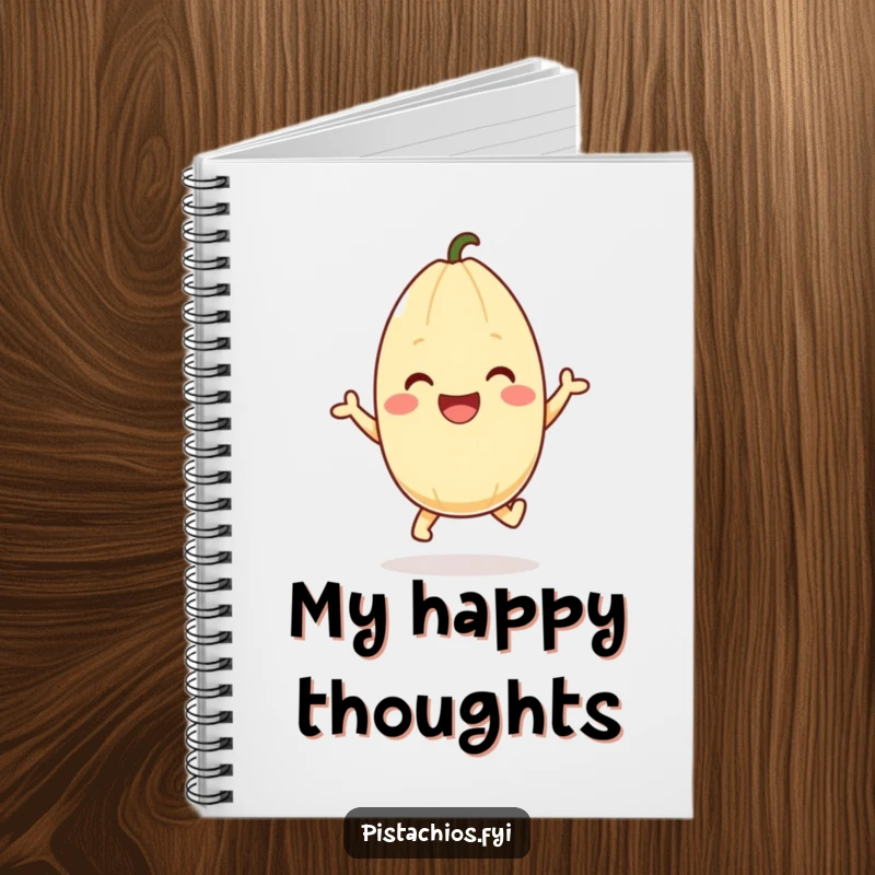 Funny pistachio notebook with a happy character in a joyful hopping pose, designed for writing with humor. A perfect funny gift.